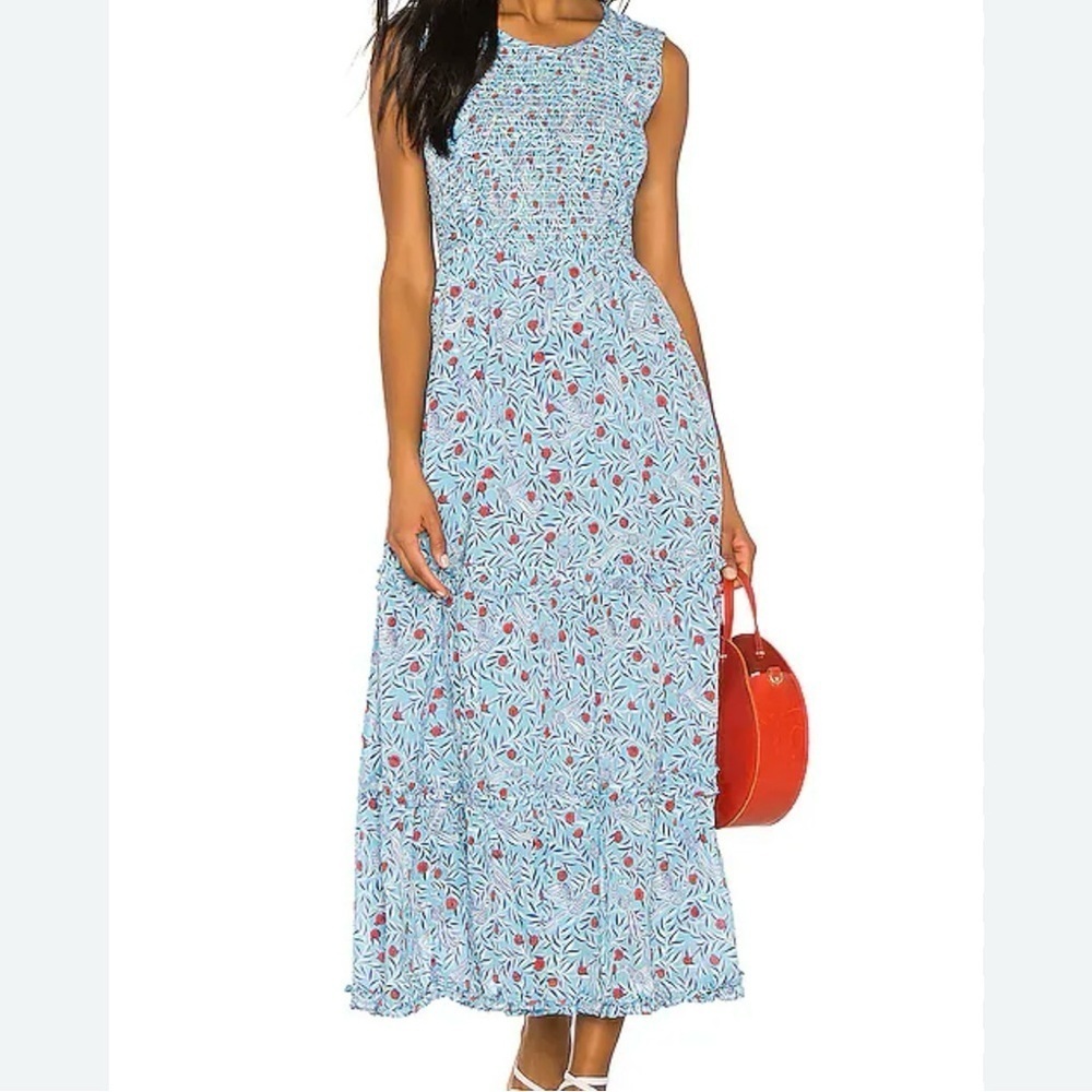 Banjanan Isha Dress in Delph Bird Wave Blue Print Floral Maxi Size L